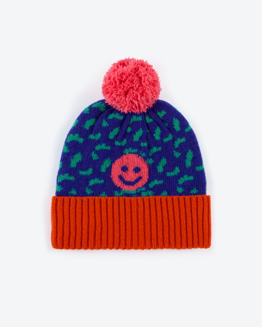 Colorful beanie with smiley face design and pink pom-pom on a white background