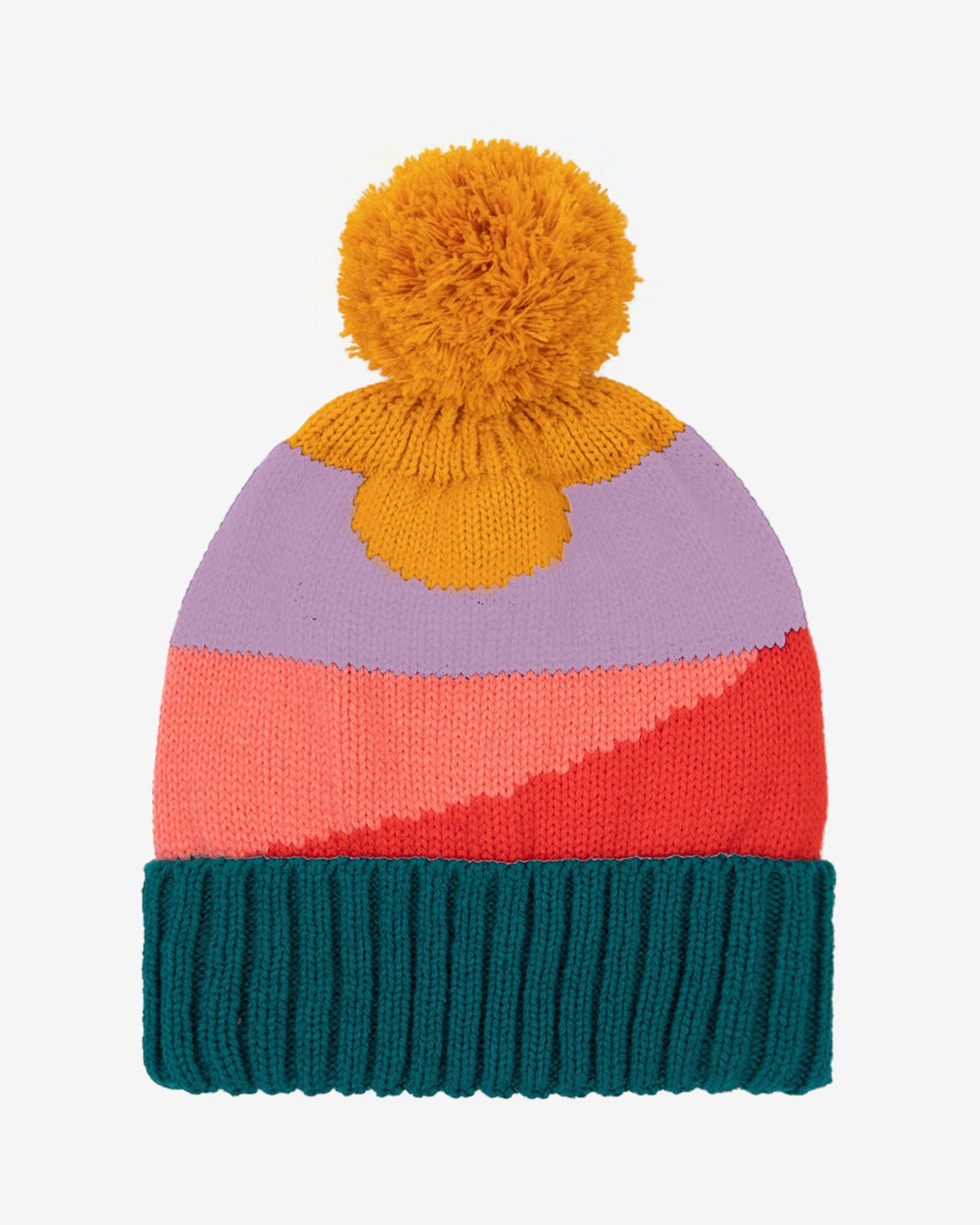 A striped beanie with a yellow pom pom on top, pink and purple body, and a teal turn-up rim.