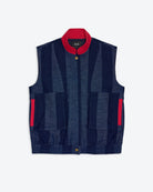 Navy denim stripe vest with red accents on a white background
