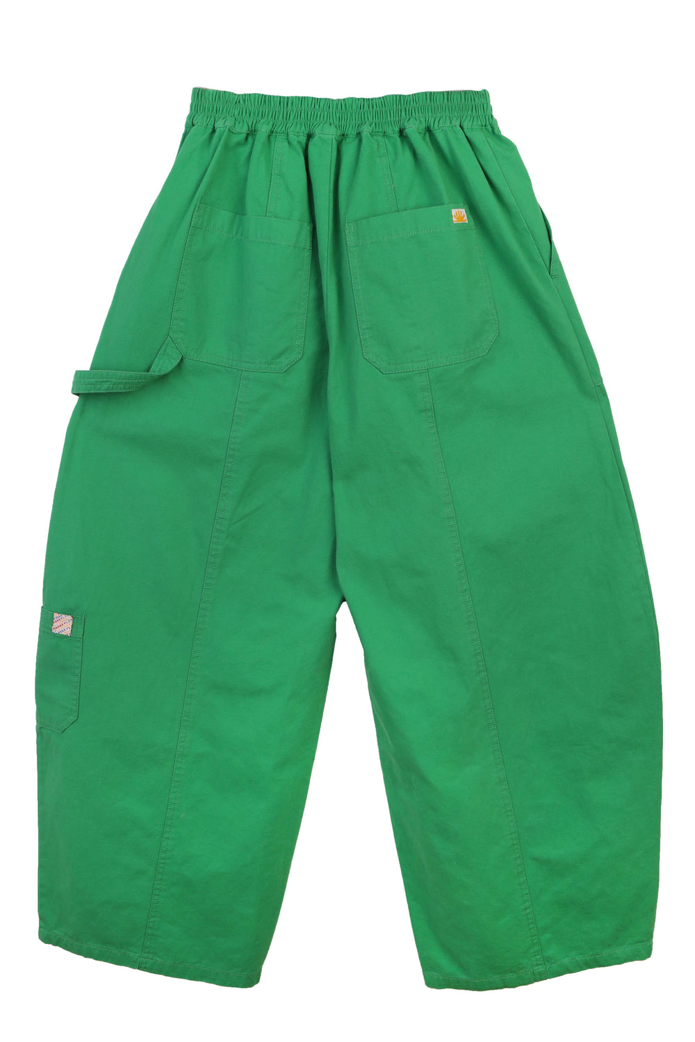 A pair of green cotton workwear style trousers with high elasticated waist and utility style pocket detailing.