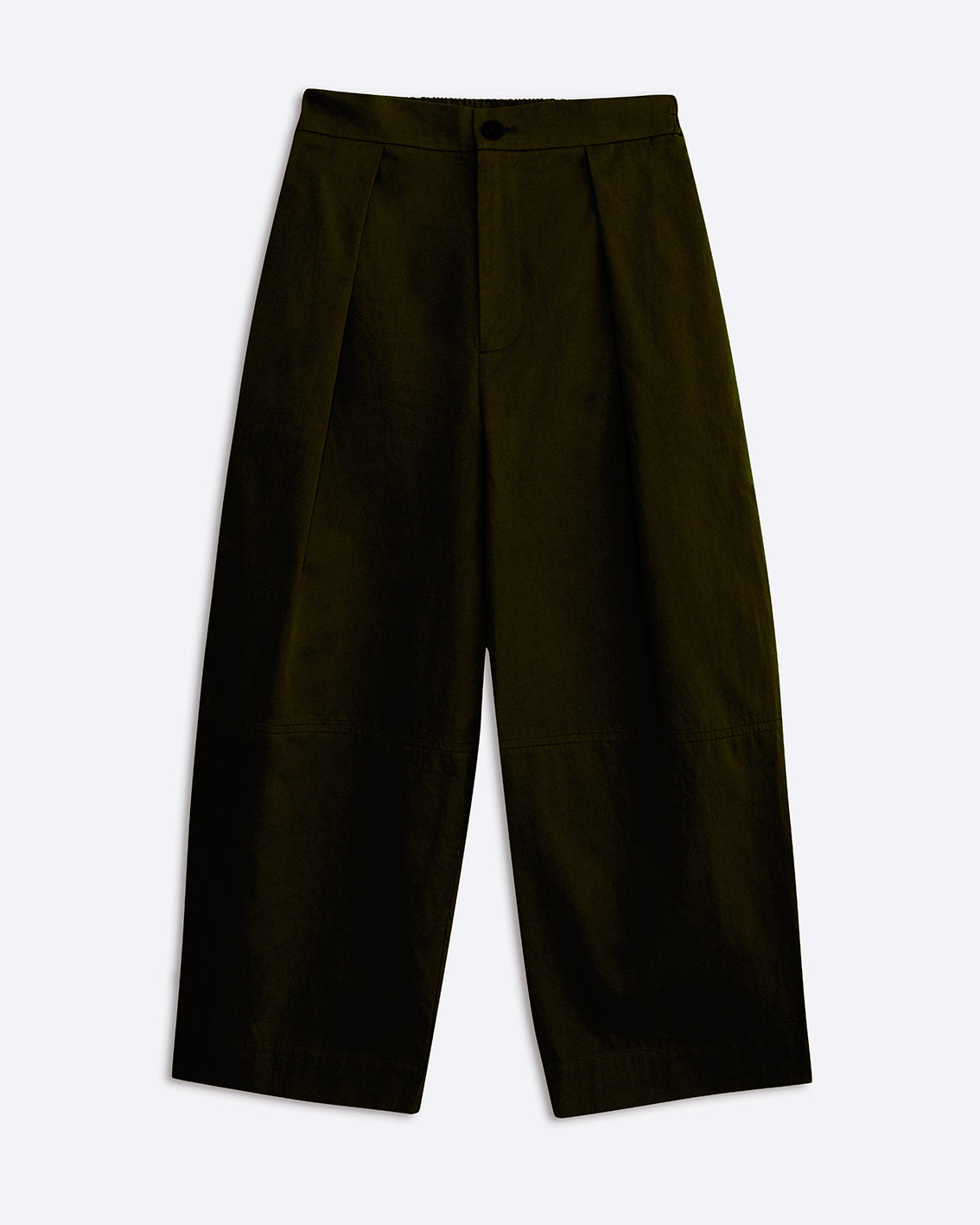 A pair of dark olive green pleated trousers shown flat against a light gray background.