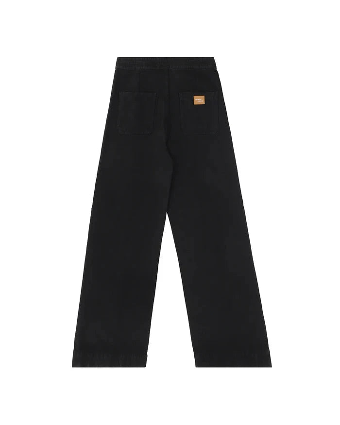 Black pants with a brand logo on a white background