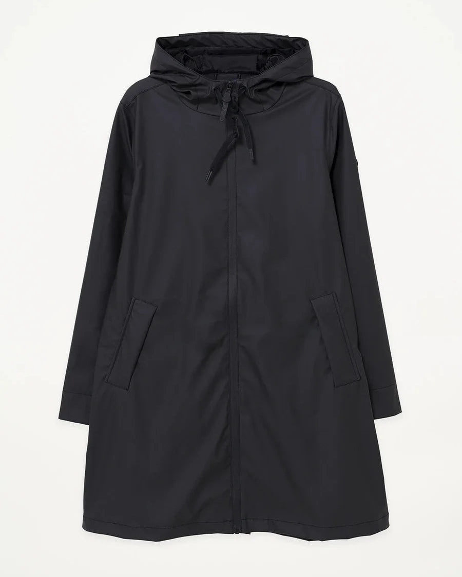 A black hooded raincoat with a drawstring hood, front zipper, and side pockets, shown against a plain white background.