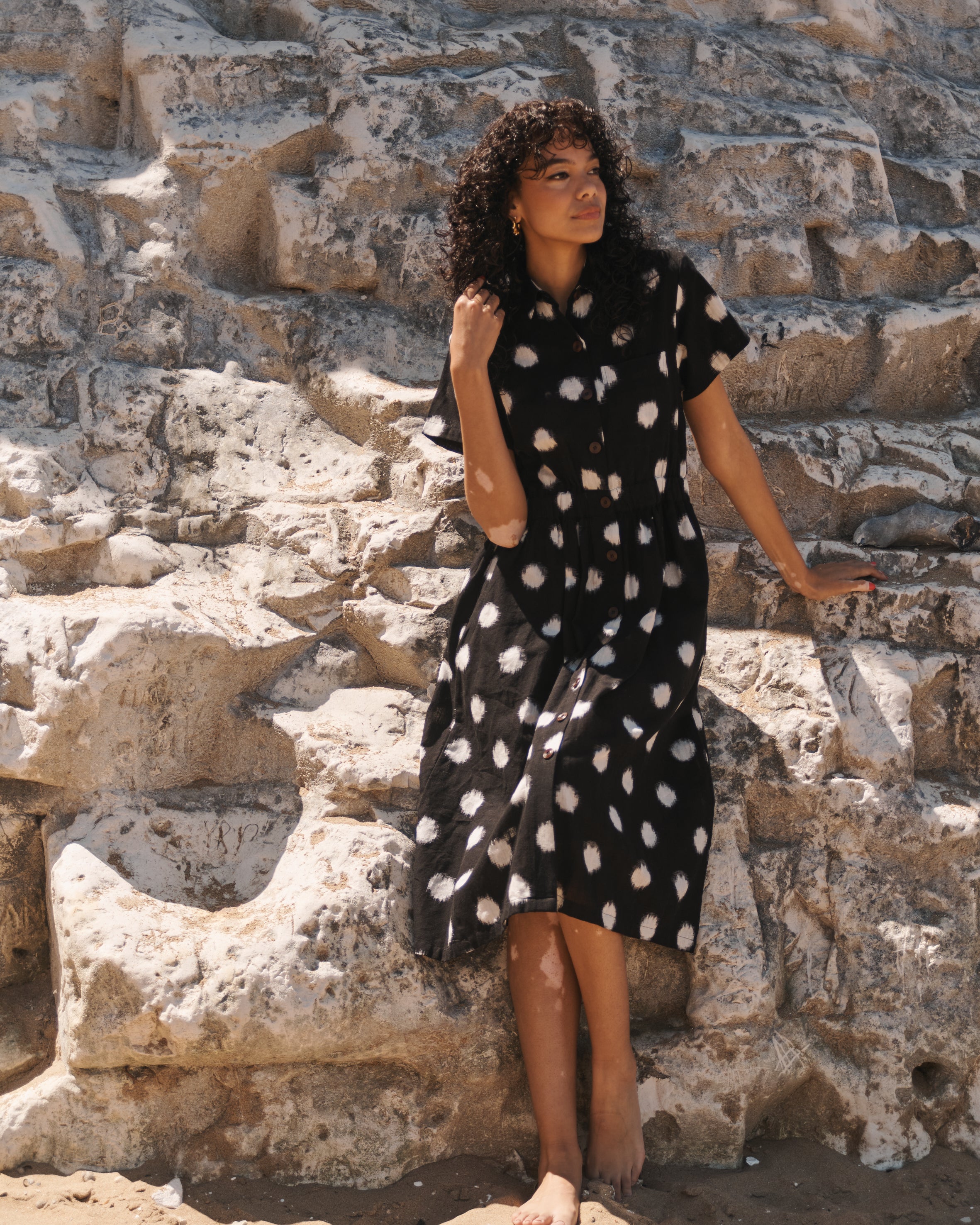 Lowie model wearing Ikat shirt dress