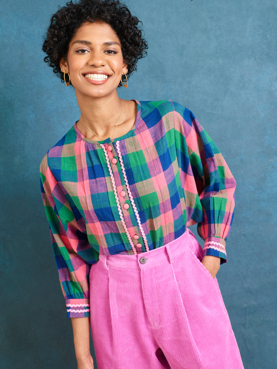 Lowie Madras Check Batwing Blouse