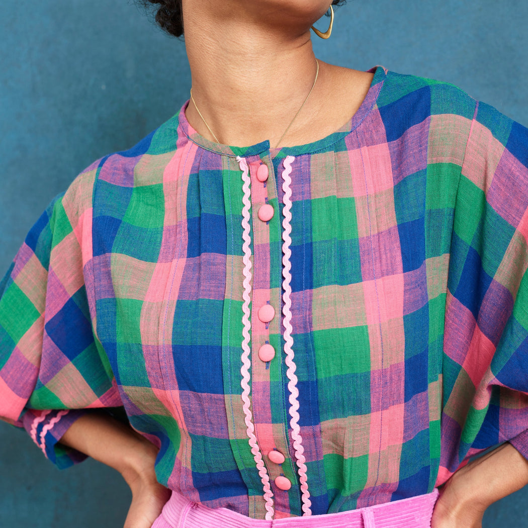 Lowie Madras Check Batwing Blouse