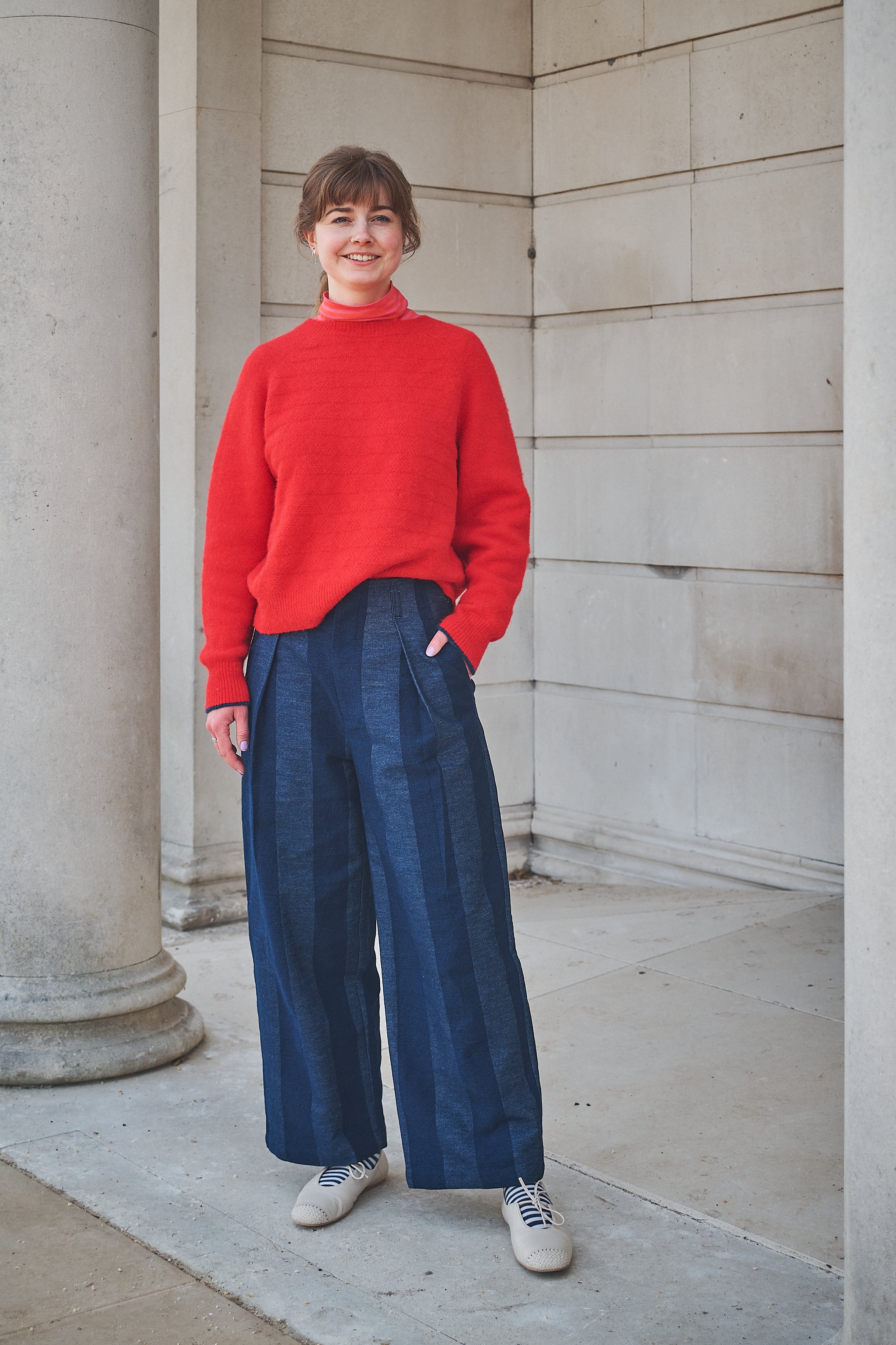 Women wearing Lowie stripe denim pleat trouser