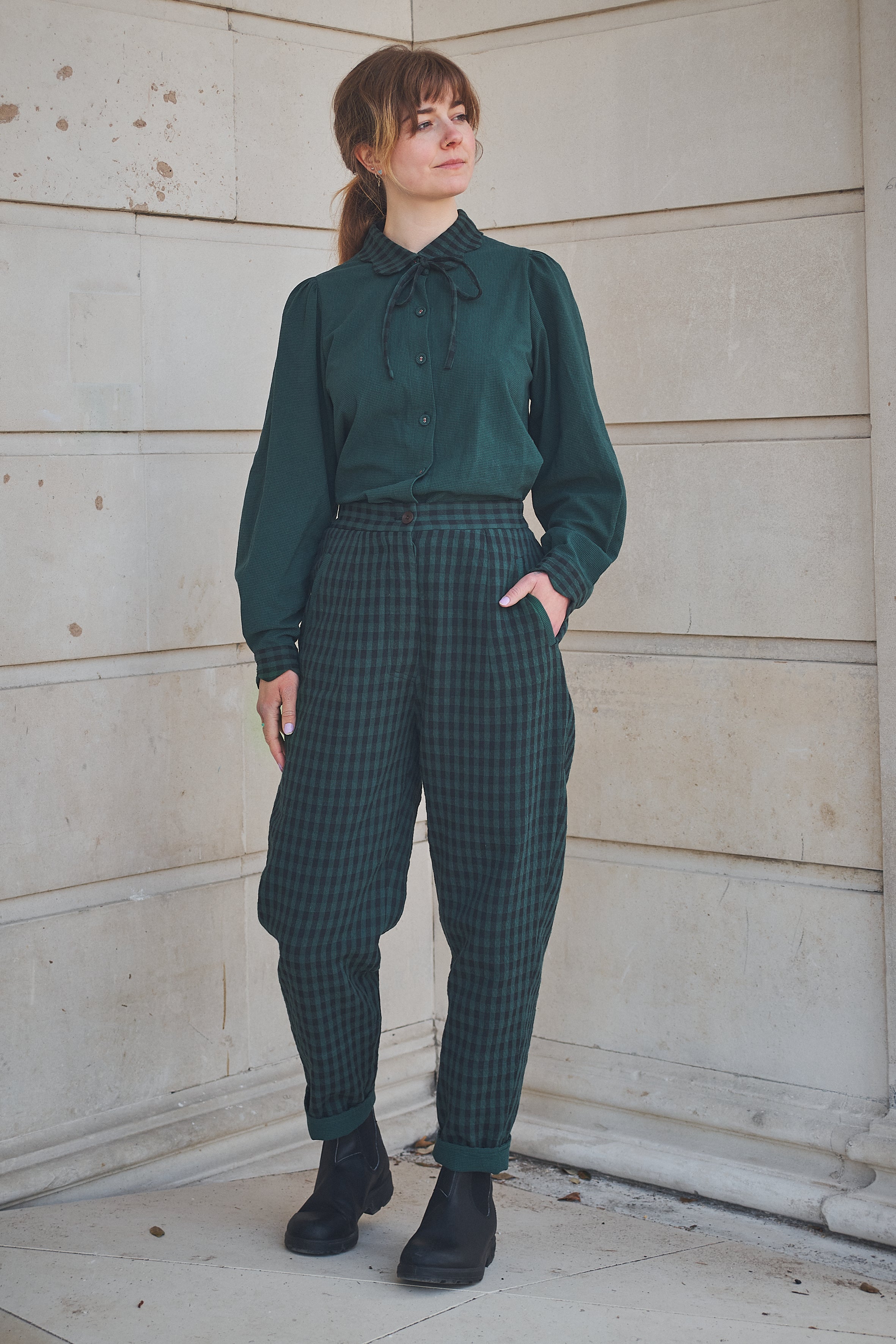 Woman wearing Lowie Green Check Scallop Collar Shirt
