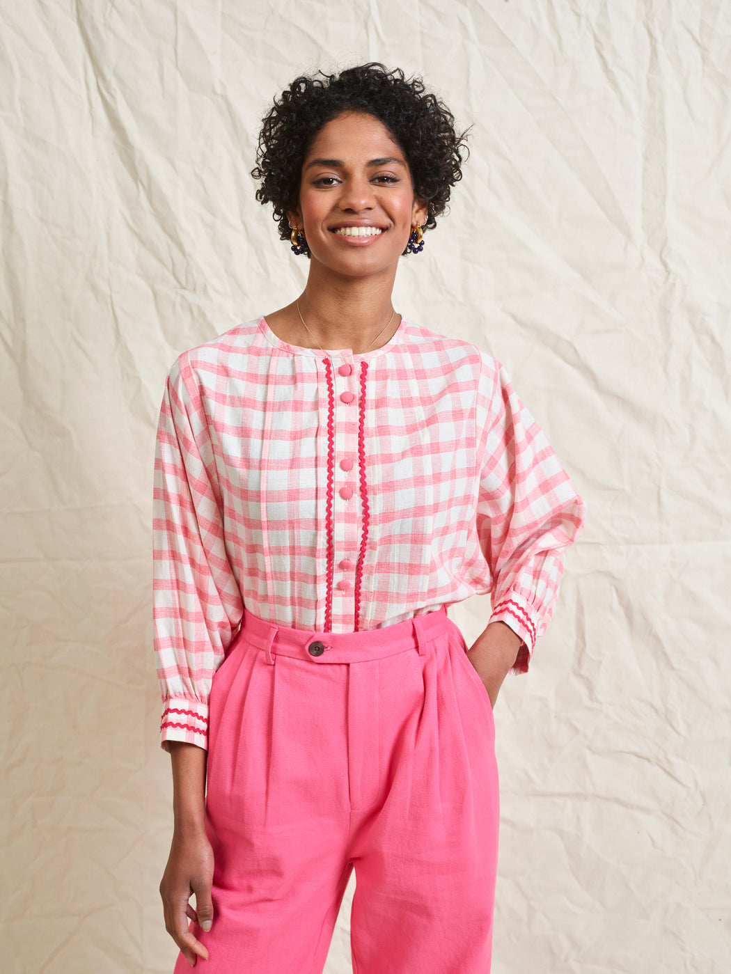 Lowie Pink Check Batwing Blouse