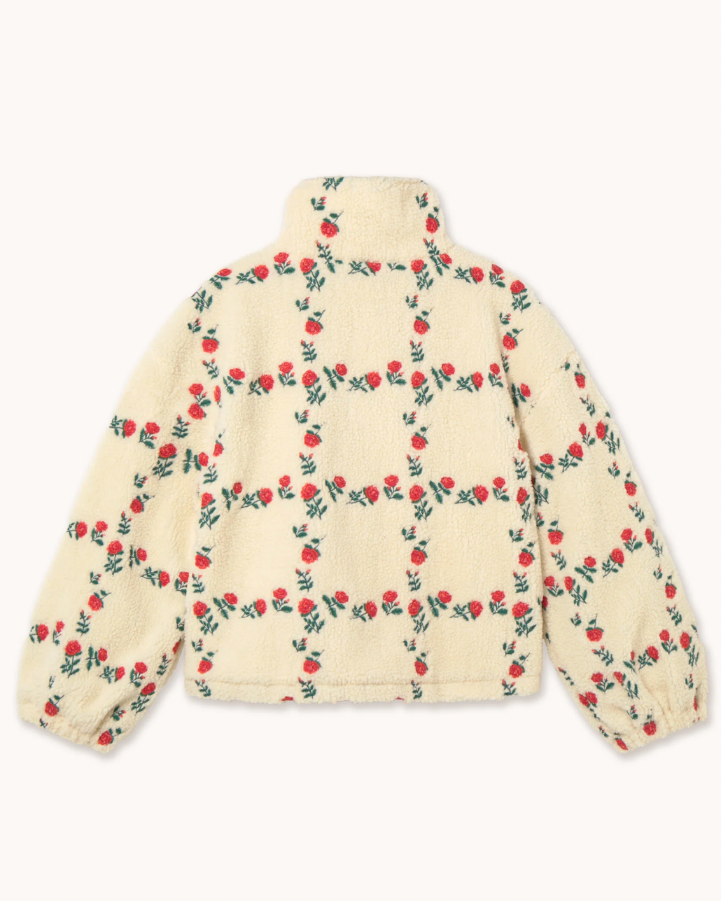 A cream-colored sherpa fleece jacket with an all-over embroidered pattern of red roses and green leaves, shown from the back on a light off-white background.