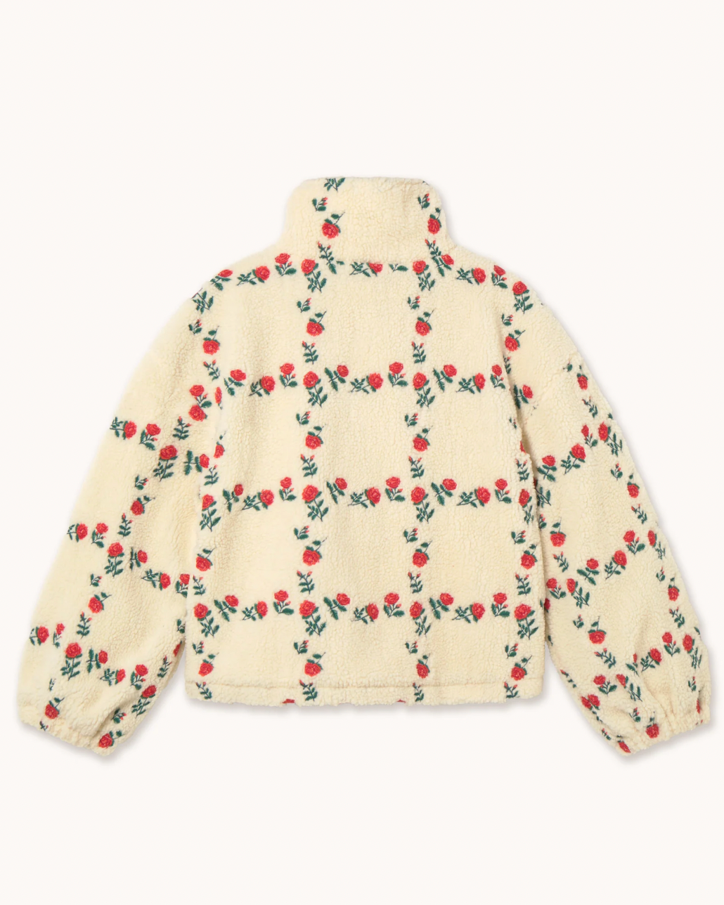 A cream-colored sherpa fleece jacket with an all-over embroidered pattern of red roses and green leaves, shown from the back on a light off-white background.