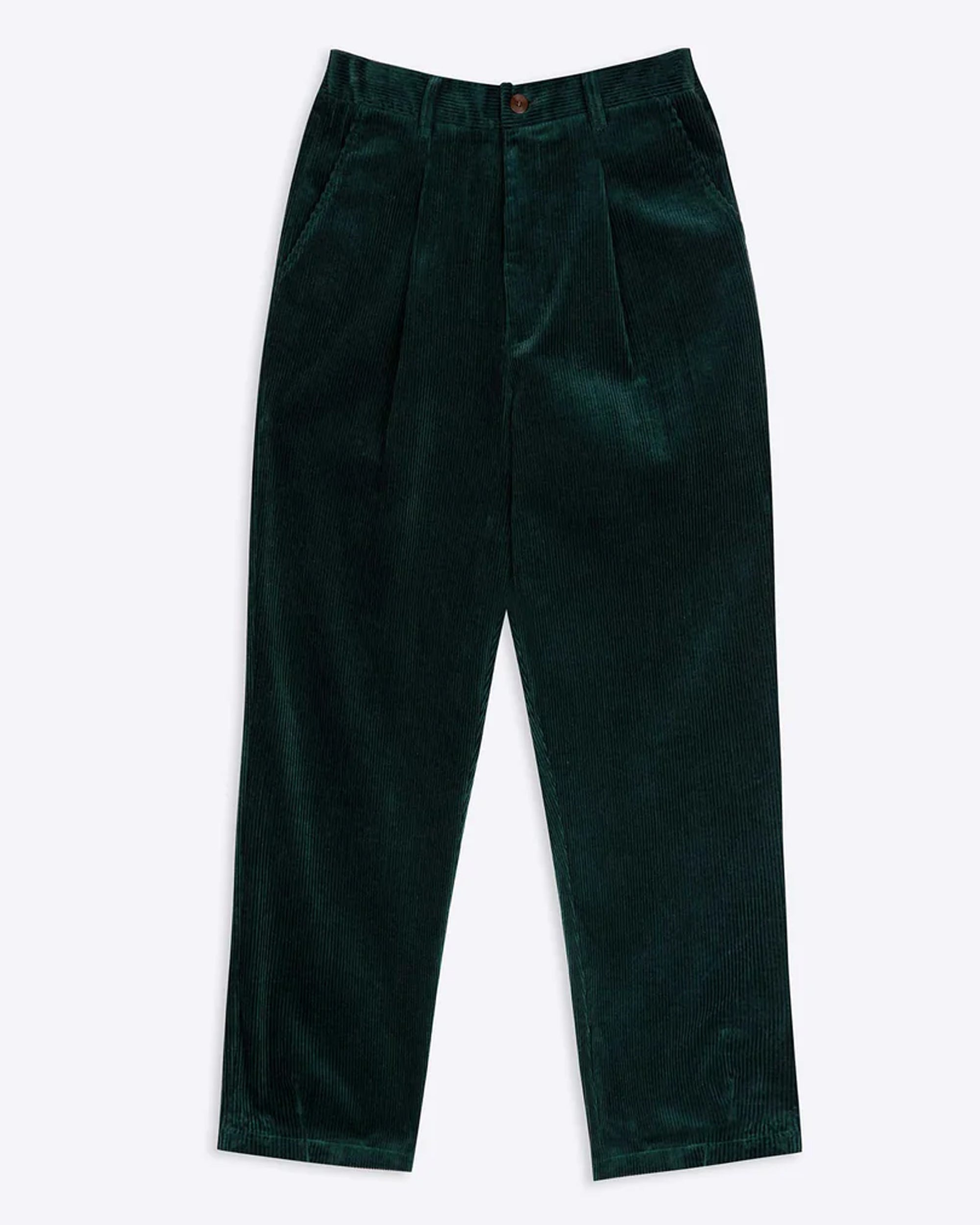 A pair of pine green Lowie corduroy easy trousers with a 4-pocket design, belt loops, and pleats, displayed against a white background.