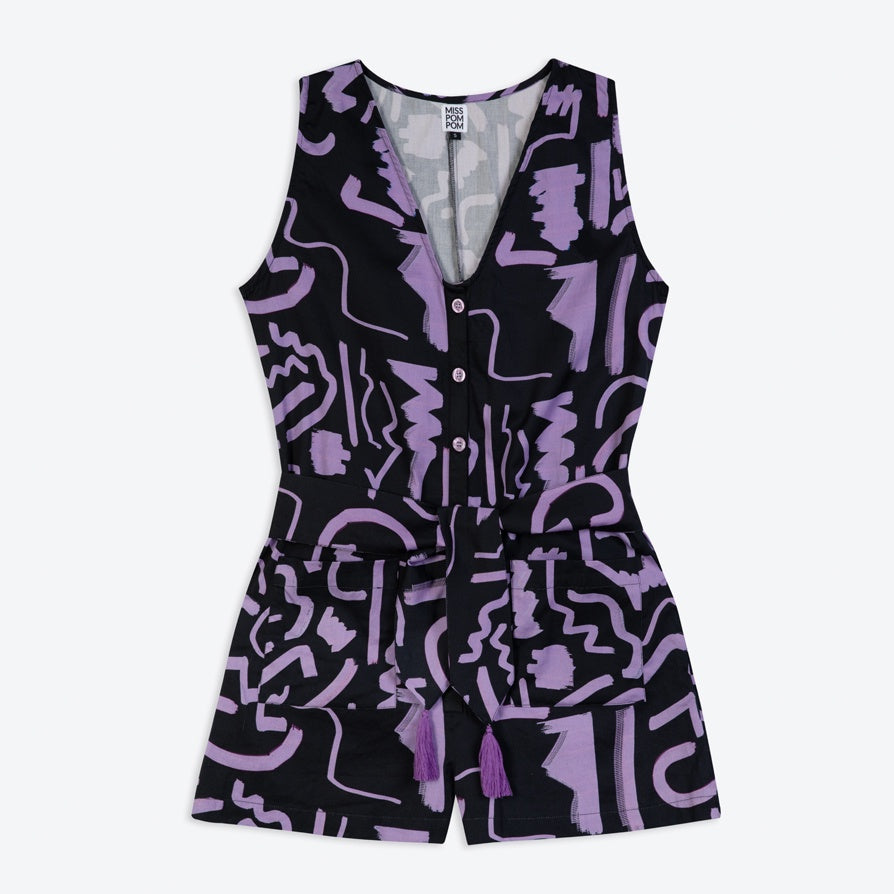 Miss Pompom Purple Scribble Poolside Playsuit