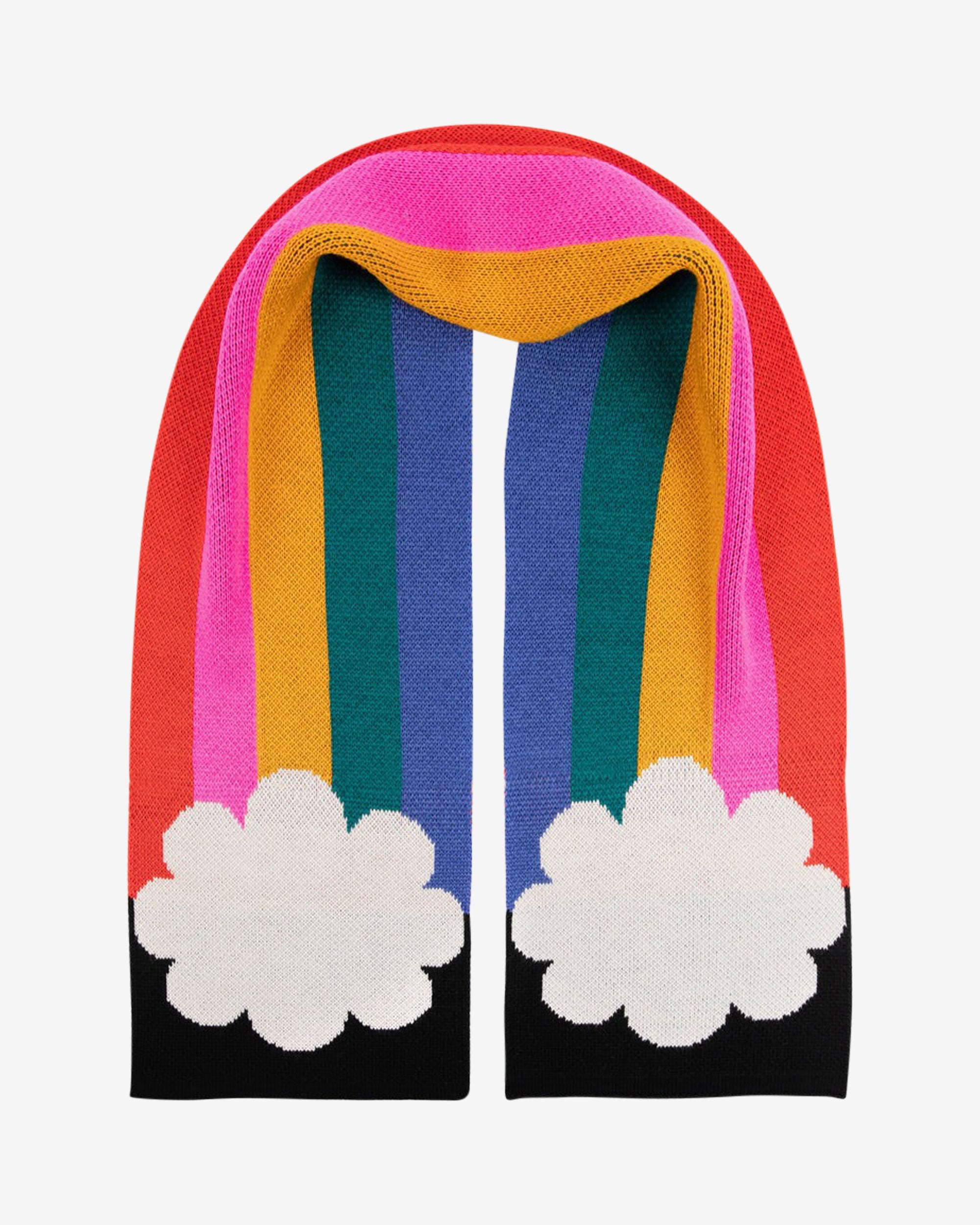 A colorful scarf with vertical stripes in rainbow shades, ending with cloud-like designs at the ends.