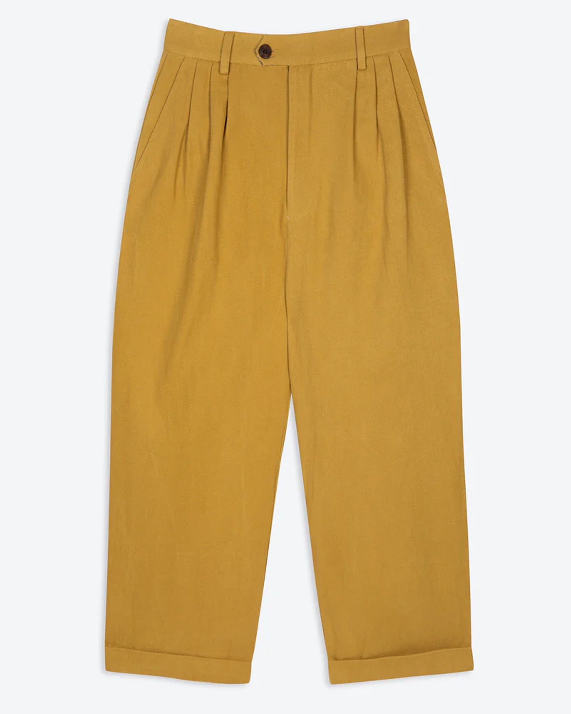 A pair of ochre pleat front trousers with a tab front opening and back jet pockets.