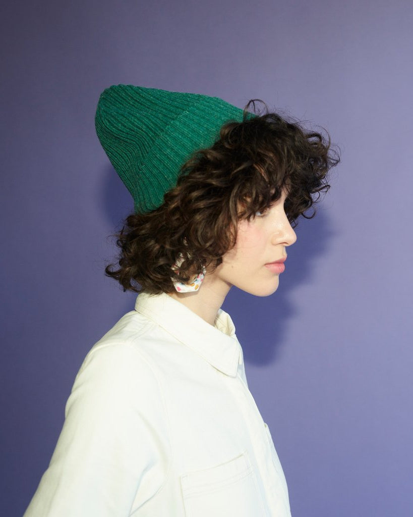 Miss Pompom Green Wool-Ribbed Beanie