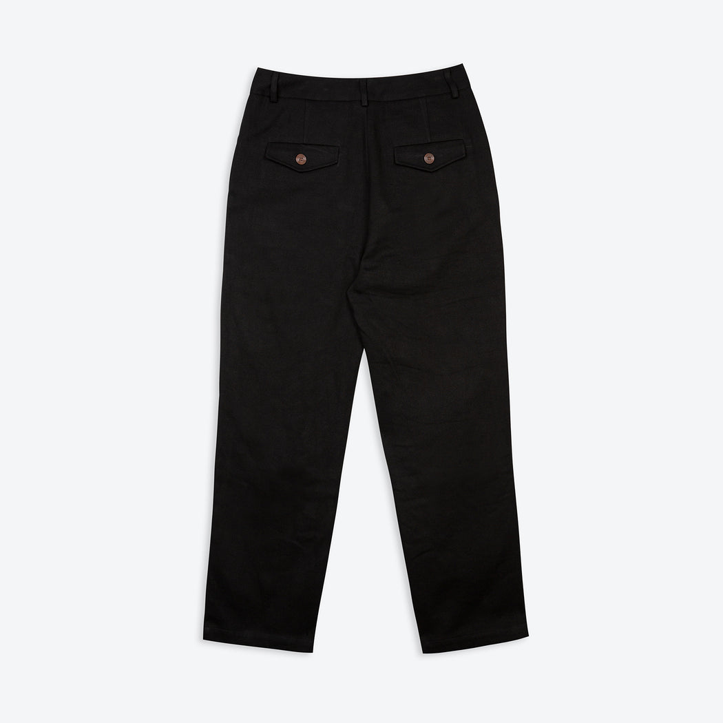 Lowie Black Cotton Drill Flat Front Trouser