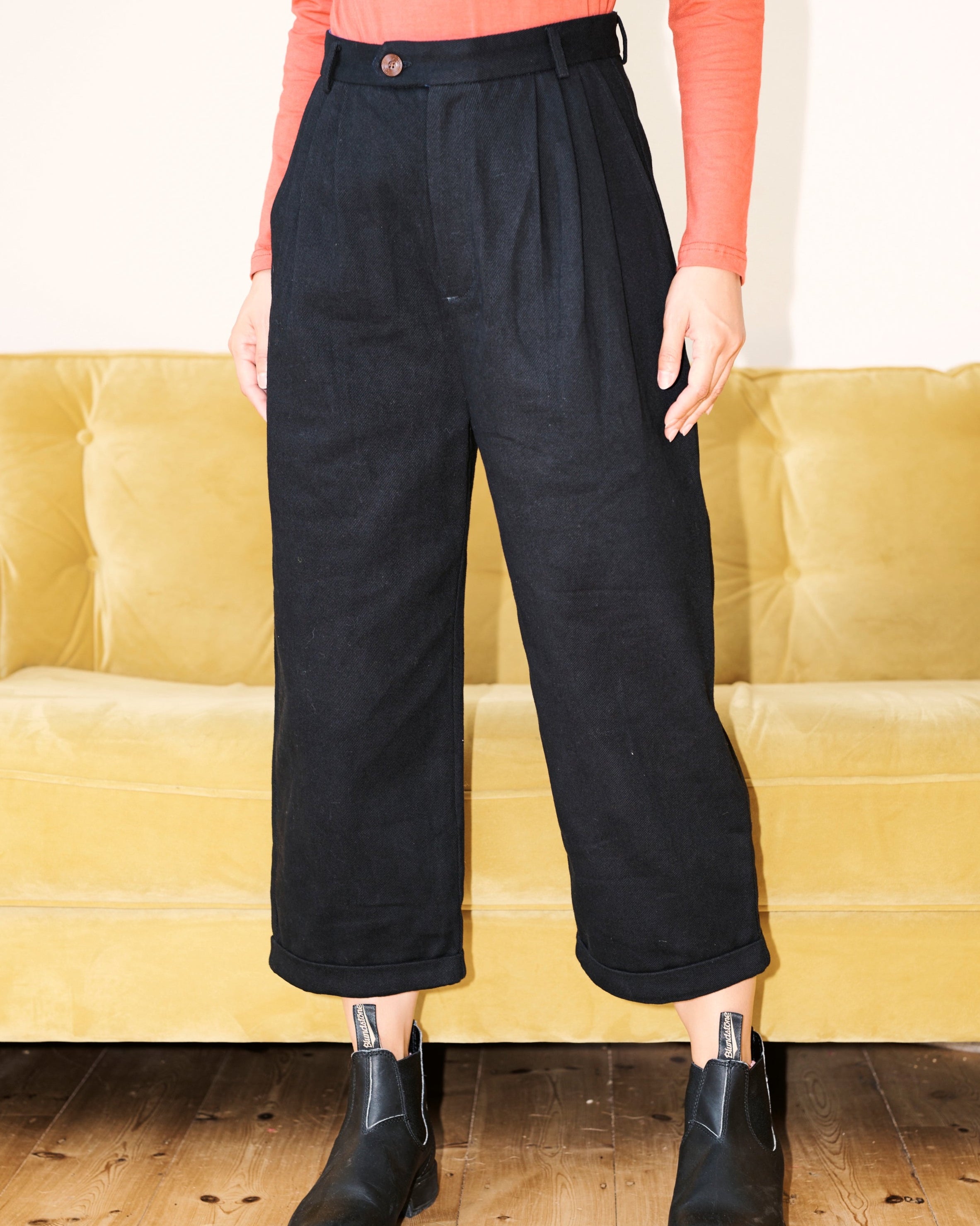 Lowie Black Cotton Drill Wide Leg Trouser