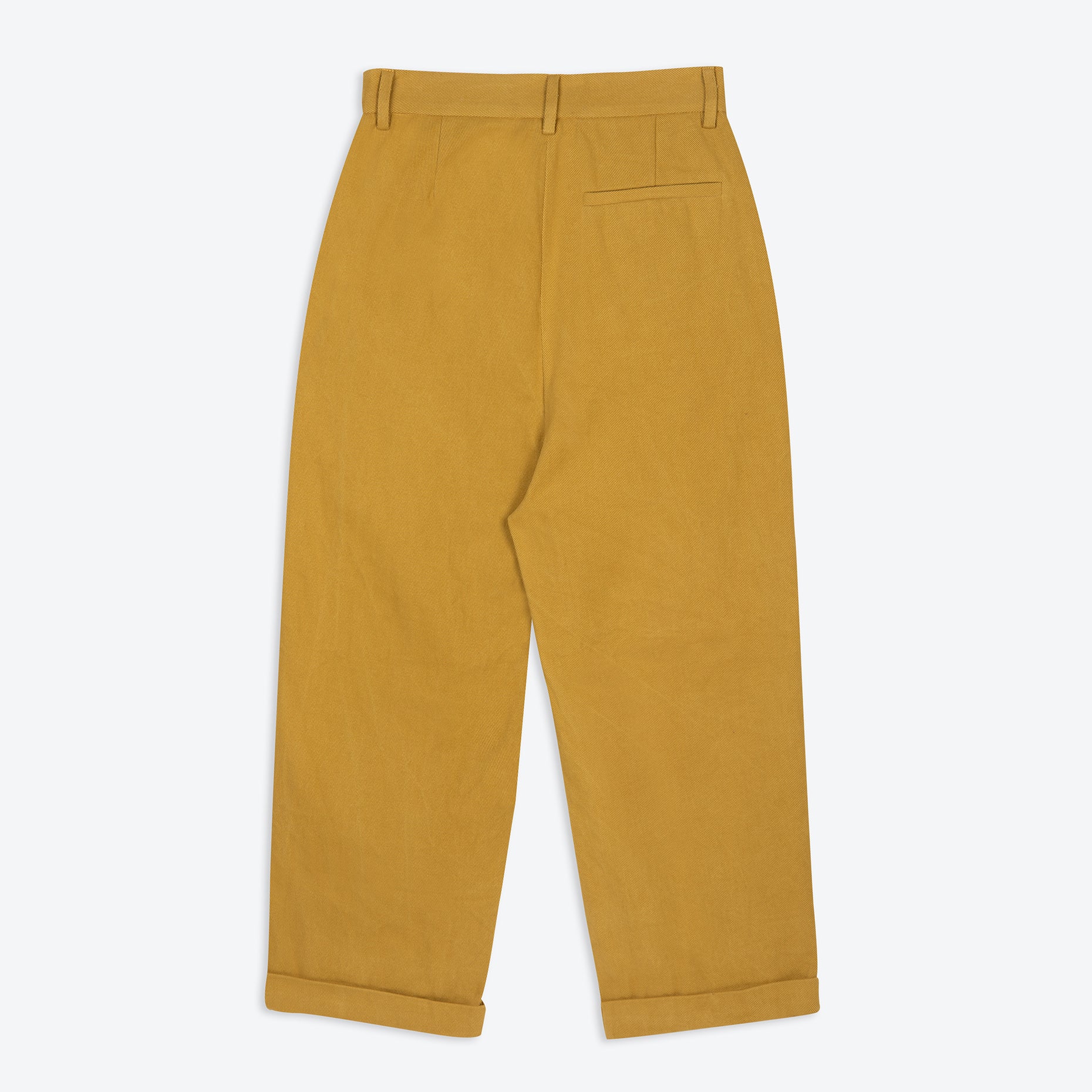 A pair of ochre pleat front trousers with a tab front opening and back jet pockets.