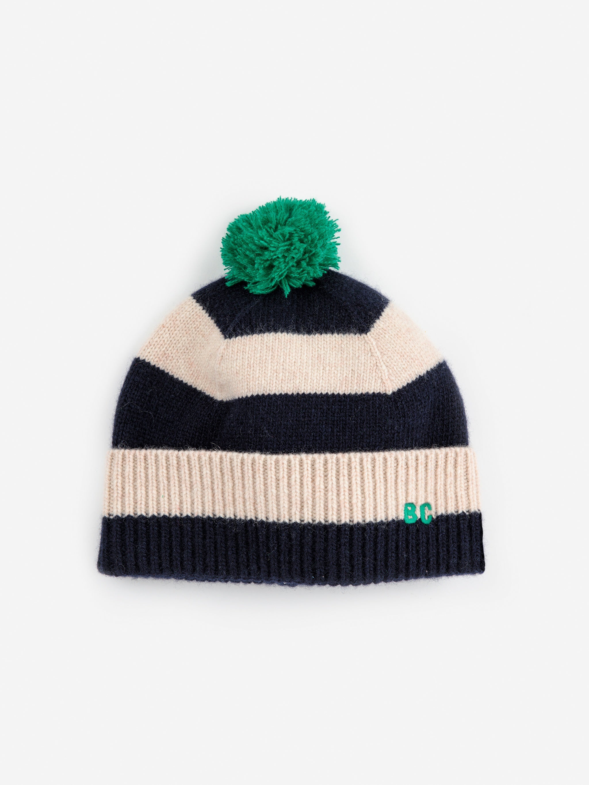 Striped beanie with a green pom-pom on a white background