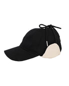 A black baseball cap with a beige fabric patch on the back and a black drawstring detail at the top, shown against a plain white background.