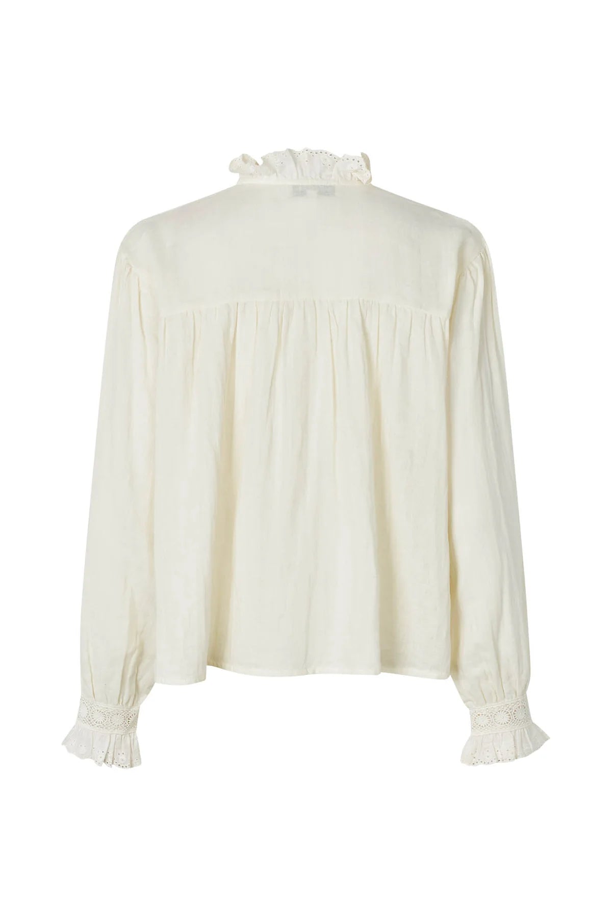 White blouse with ruffled collar on a white background