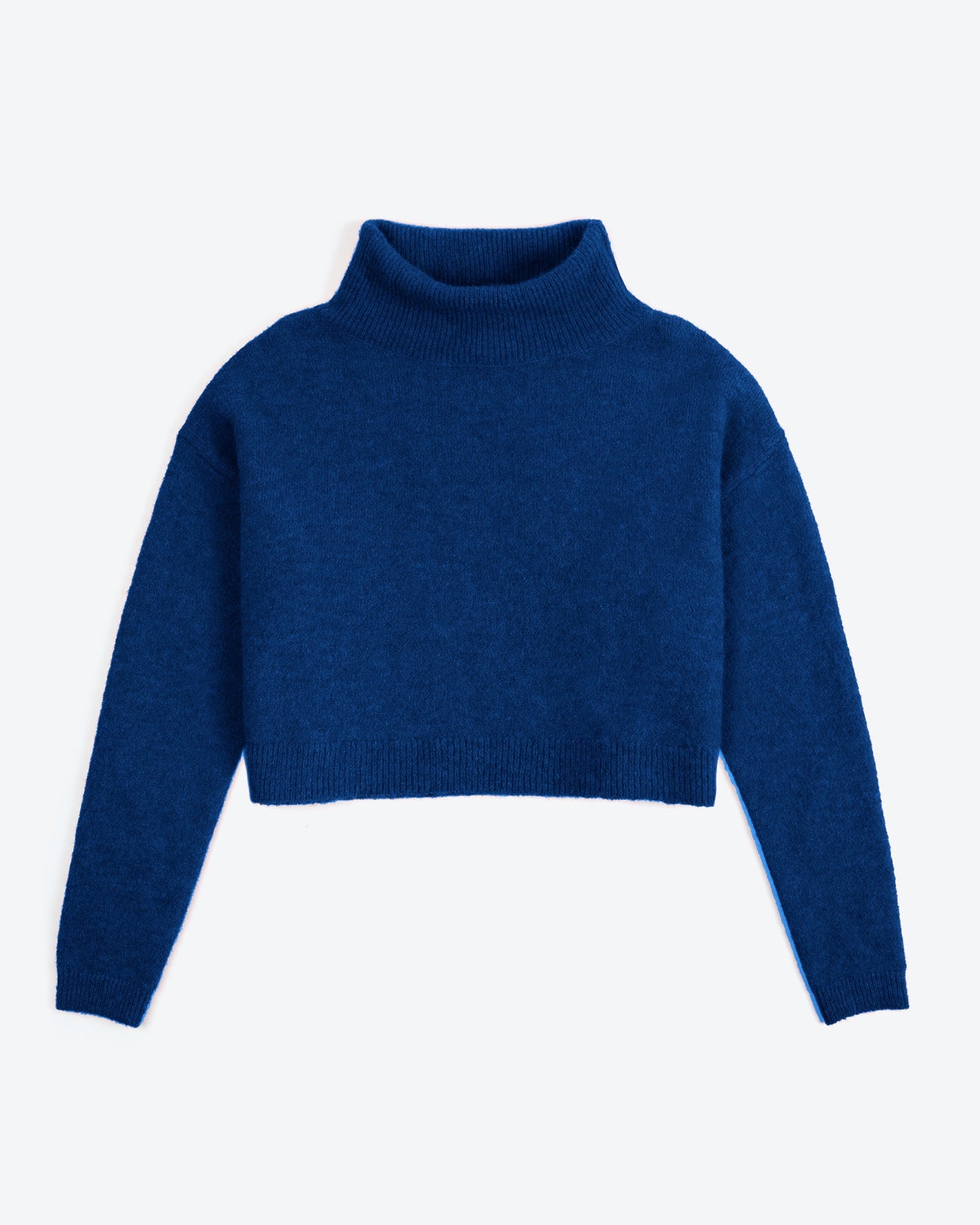 Blue turtleneck sweater on a white background