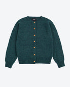 A dark teal green knit cardigan sweater with brown buttons, laid flat against a light gray background.