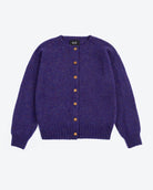 A purple knit cardigan sweater with brown buttons, laid flat against a light gray background.