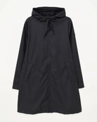 A black hooded raincoat with a drawstring hood, front zipper, and side pockets, shown against a plain white background.