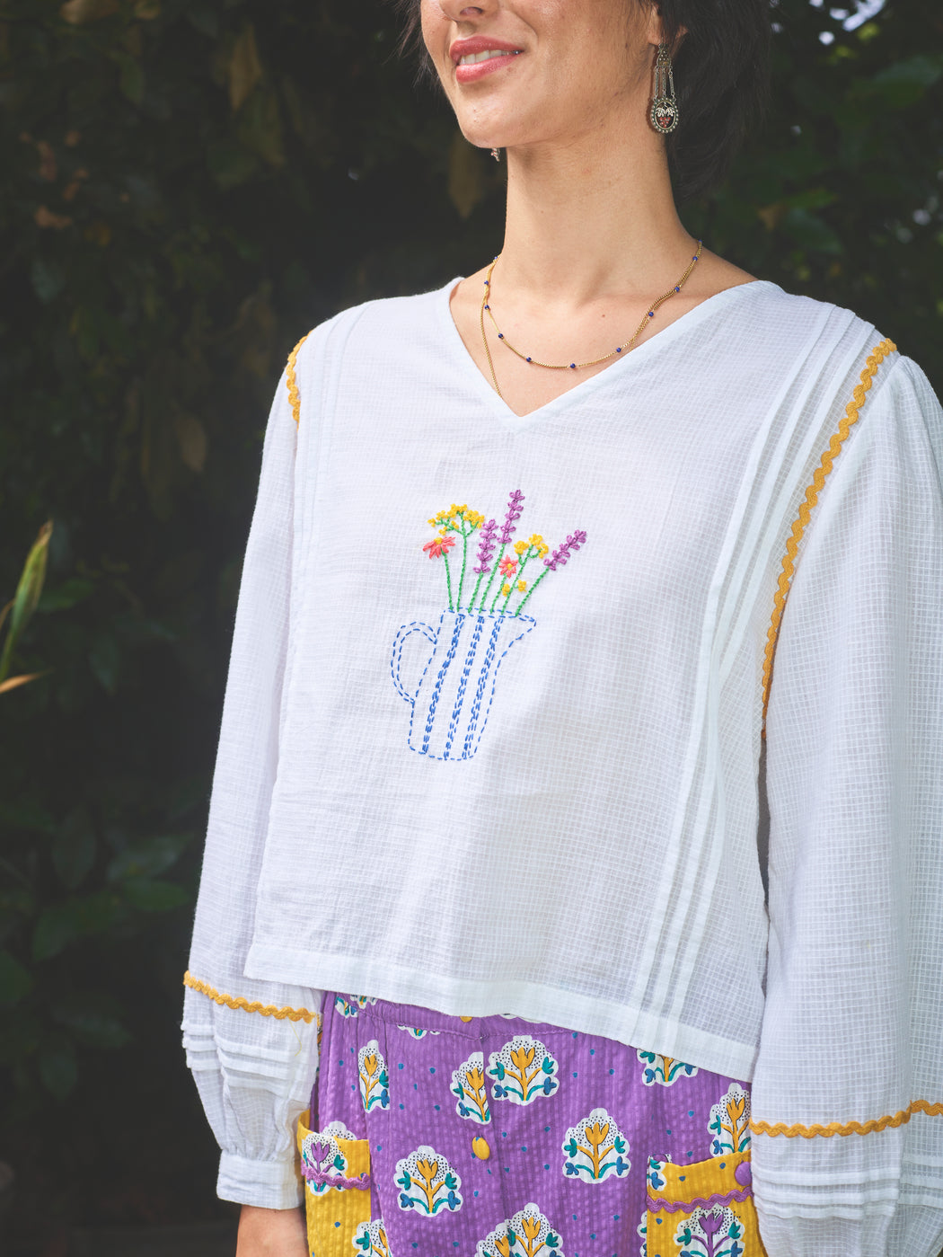 Lowie White Embroidered Vase Blouse
