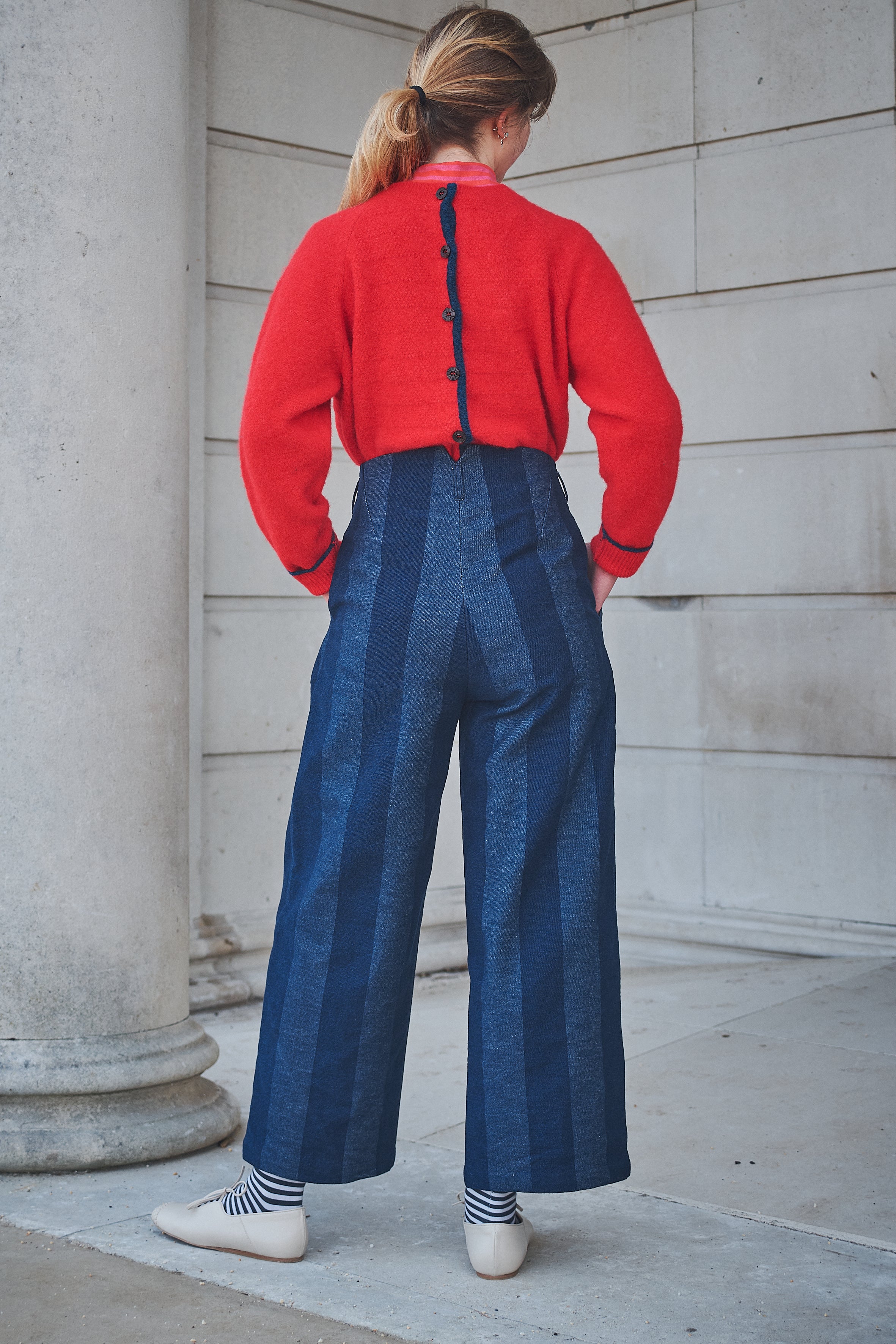 Person wear Lowie stripe denim pleat trouser