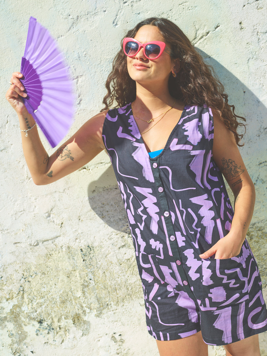 Miss Pompom Purple Scribble Poolside Playsuit