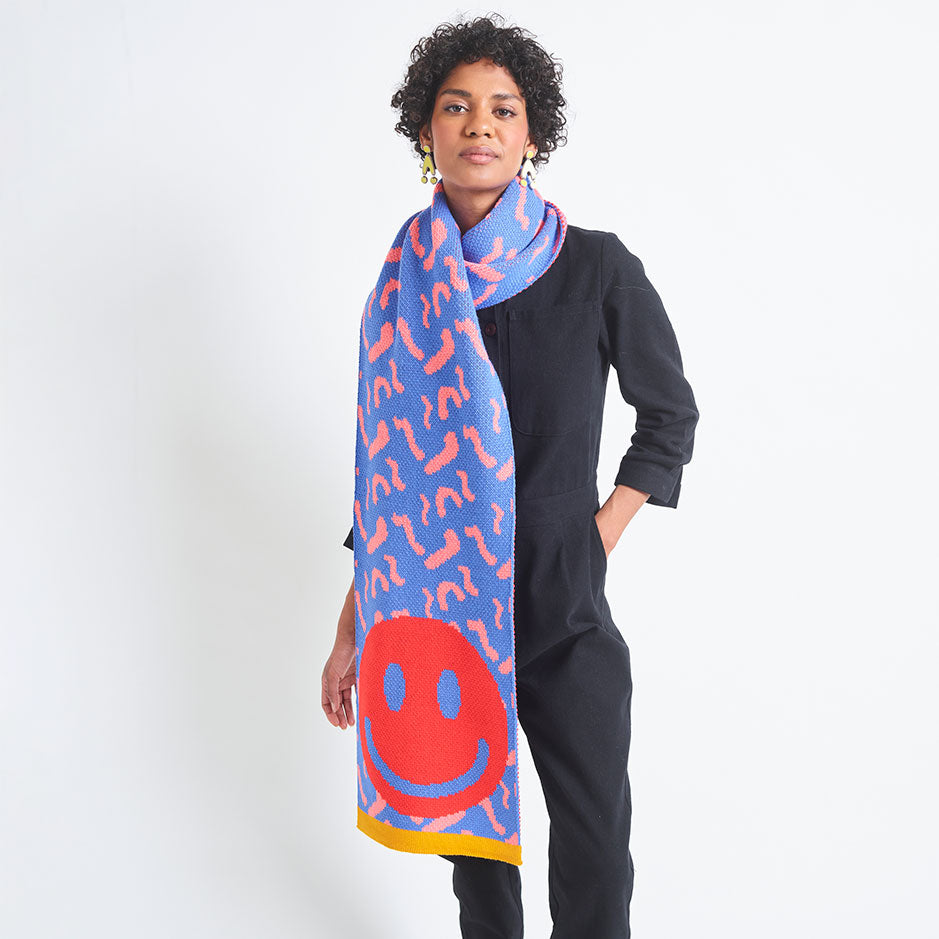 Miss Pompom Blue Smiley Scarf