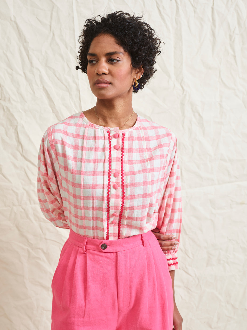 Lowie Pink Check Batwing Blouse