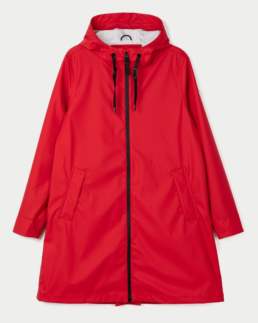 A bright red hooded raincoat with a front zipper, black drawstrings, and side pockets, shown flat against a light gray background.