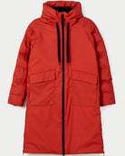 A red hooded puffer coat with a front zipper, black drawstrings, and two large front flap pockets, shown flat against a light gray background.