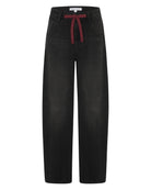 Black wide-leg jeans with a contrasting dark red drawstring at the waist, shown against a plain white background.
