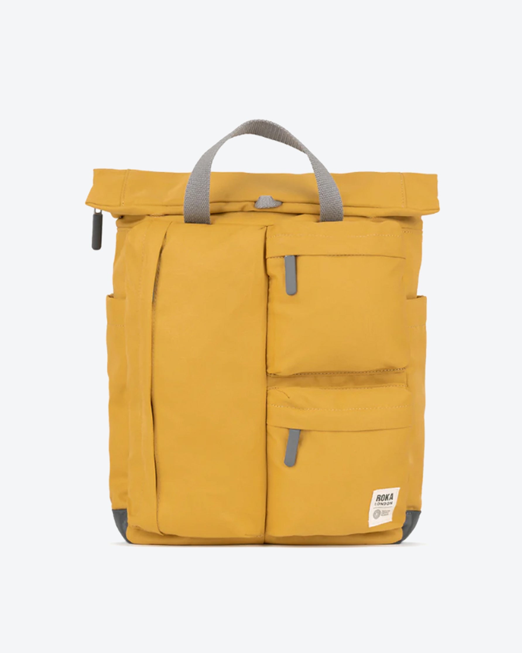 Yellow backpack with gray straps on a white background