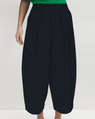 A model wearing high-waisted, voluminous dark navy pleated cropped trousers, styled with a bright green top and brown leather loafers against a plain white studio background.