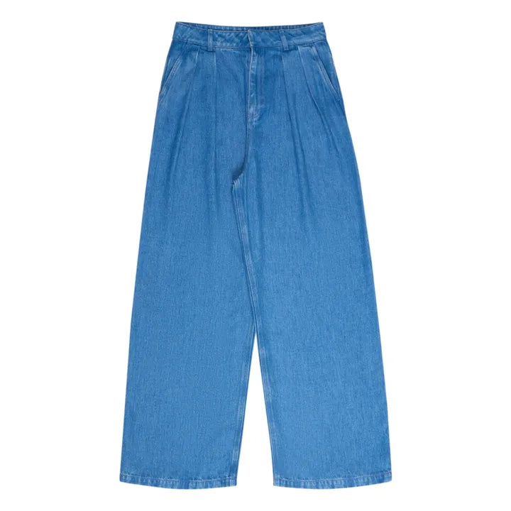 A pair of blue denim jeans with a straight-leg silhouette and back pockets featuring embroidery.