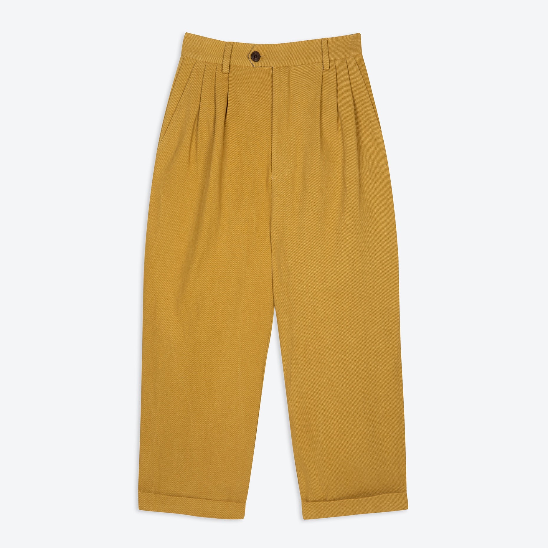 A pair of mustard yellow, pleat-front trousers with a tab front opening and back jet pockets.