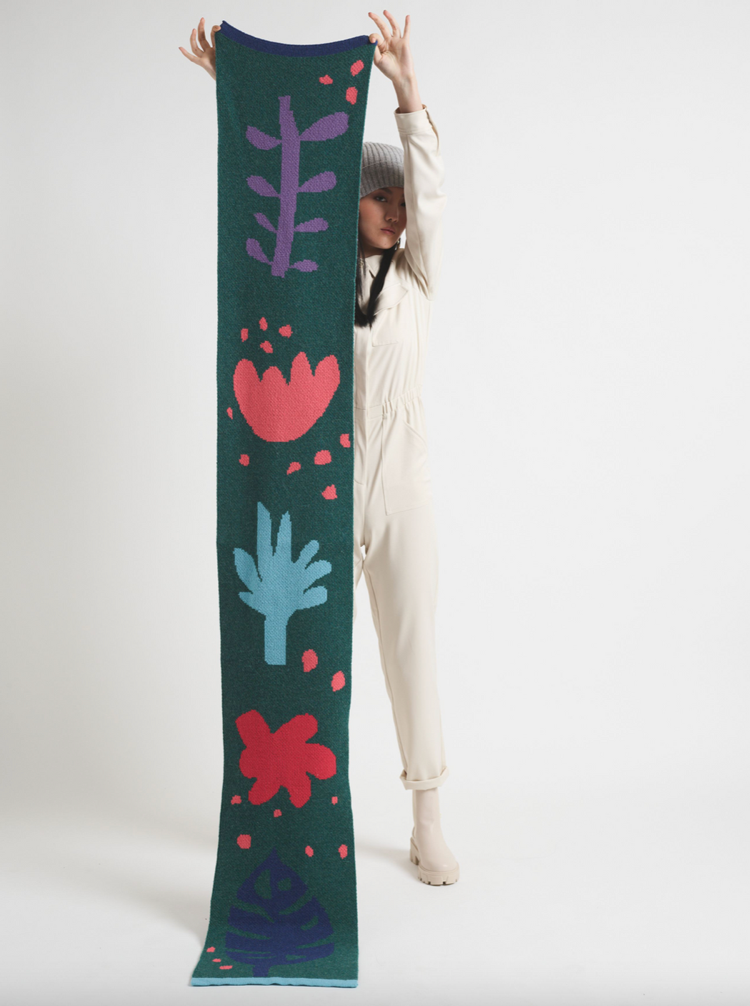Miss Pompom Botanical Green Wool Scarf