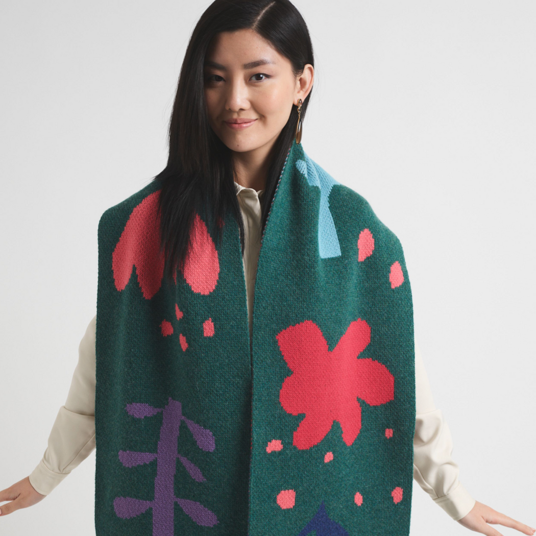 Miss Pompom Botanical Green Wool Scarf