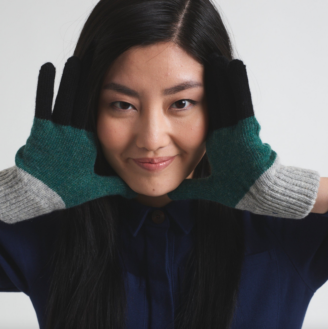 Miss Pompom Grey Colourblock Wool Gloves