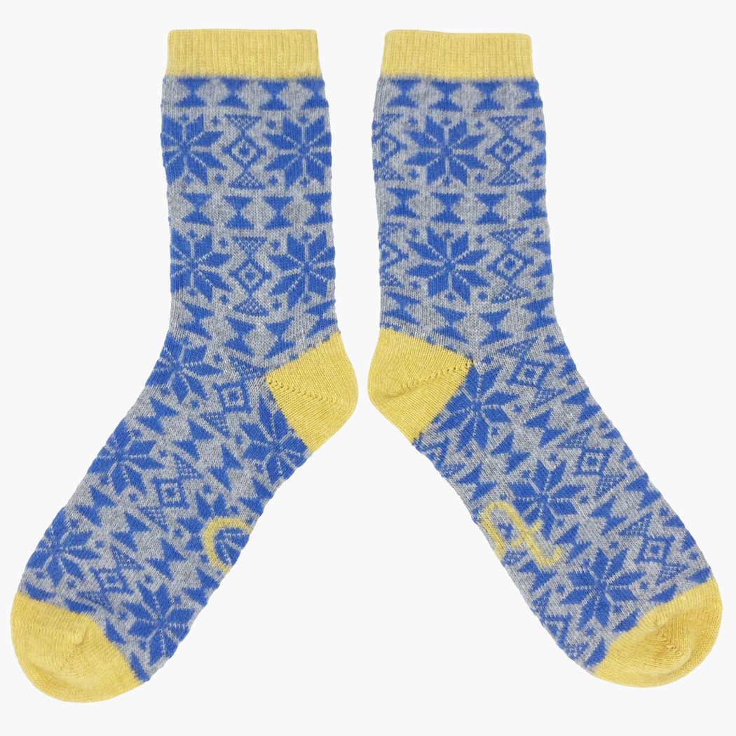 Catherine Tough Grey & Blue Fair Isle Lambswool Socks